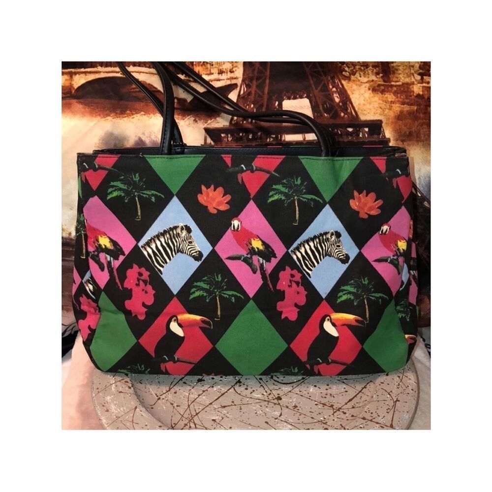 Bueno Toteables Wearable Art Palm Tree Toucan Zebra Canvas Beaded Tote
